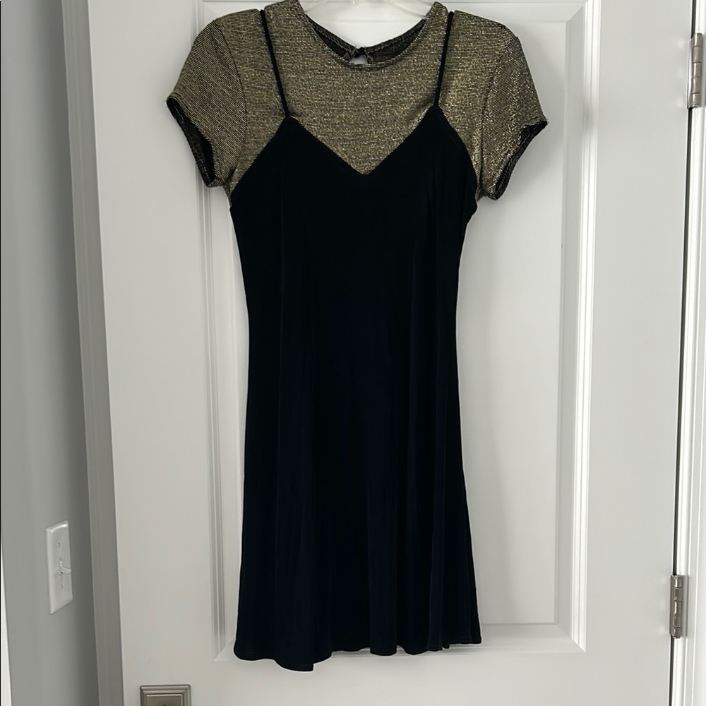 Roberta Black Slip Dress with Gold Metallic Tee